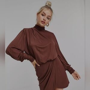 Asos Petite shoulder pad open back mini dress in brown